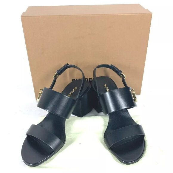 Burberry Virginia Logo Leather Slingback Sandals Black New - Picture 3 of 6